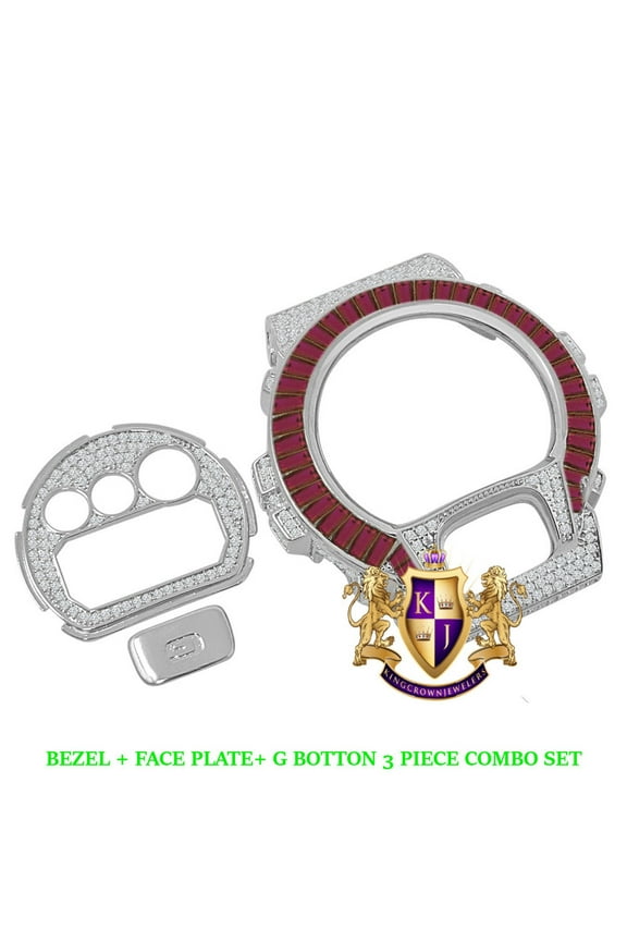 Baguette Pink White Gold Tone G Shock DW-6900 Simulated Diamond Watch Custom Cover Case Face Plate + Bezel + G Button 3 Piece Set