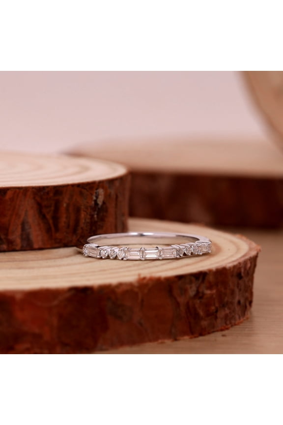 Baguette and Round Brilliant Moissanite Half Eternity Wedding Band for Women, Stackable Lab Created Diamond Alternative Ring, Anniversary Jewelry Gift