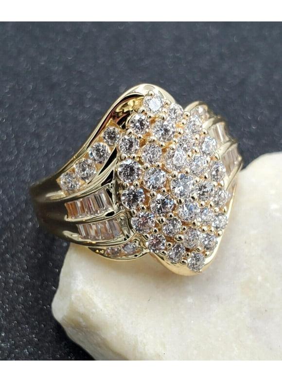 Baguette & Round Cut Diamond 14K Yellow Gold Finish Silver Engagement Wedding Cluster Ring