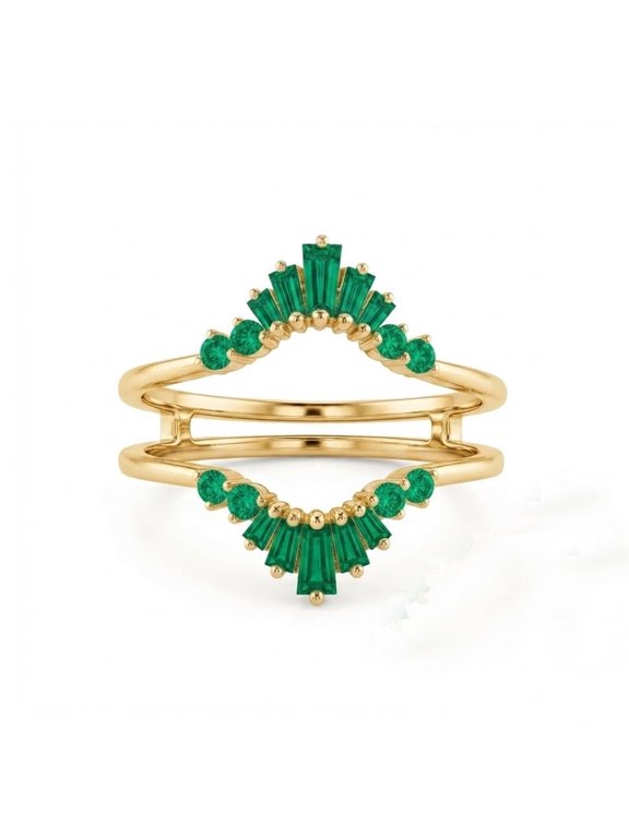 Baguette & Round Cut Emerald Ring Enhancer, 925 Sterling Silver Yellow Gold Plated Curved Double Band Chevron Ring May Birthstone Gift Jewelry for Her