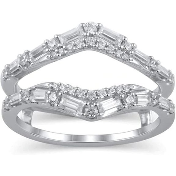 Baguette & Round Cut Moissanite Diamond 14k White Gold Plated 925 Sterling Silver Enhancer Wrap Engagement Wedding Ring For Her