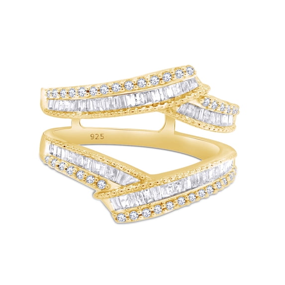 Baguette & Round Cut White Cubic Zirconia Enhancer Wrap Guard Ring For Women In 14K Yellow Gold Plated 925 Sterling Silver (Color: White, Clarity: VVS1-VVS2) -6.5
