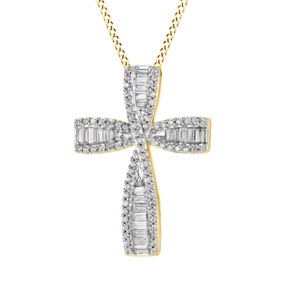 AFFY Baguette & Round Cut White Diamond Cross Pendant Necklace In 10K Solid Yellow Gold (0.5 Ct)By