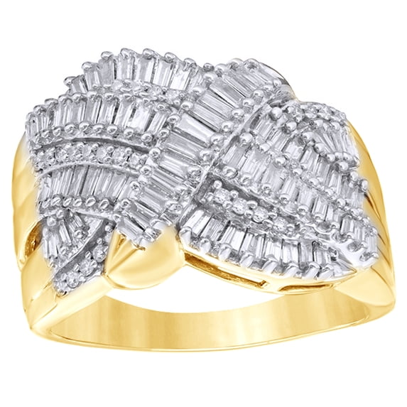 AFFY Baguette & Round Cut White Natural Diamond Multi Row Crossover Ring In 10k Yellow Gold (1 Cttw)