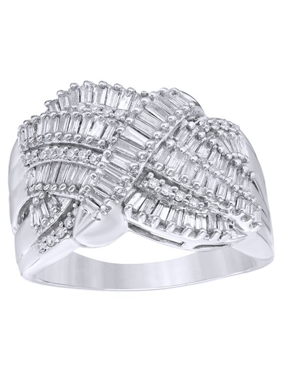 Baguette & Round Cut White Natural Diamond Multi Row Crossover Ring in 10K White Gold (1 cttw)