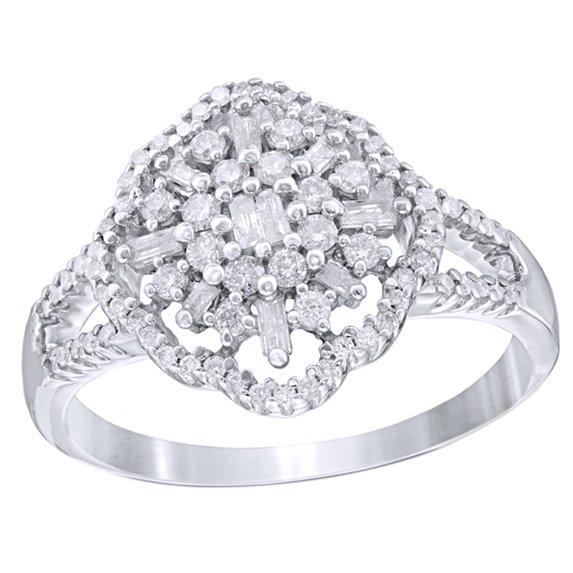 AFFY Baguette & Round Cut White Natural Diamond Scallop Frame Ring In 10k White Gold