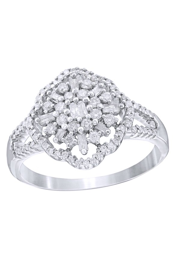 Baguette & Round Cut White Natural Diamond Scallop Frame Ring In 10k White Gold