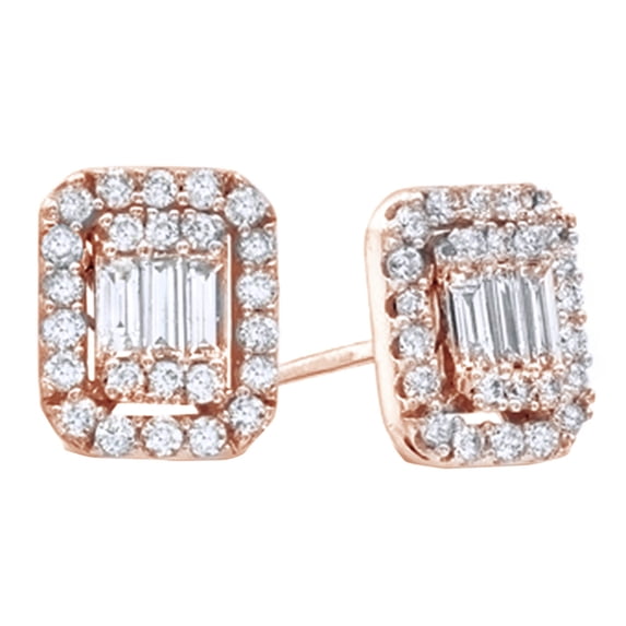 AFFY Baguette & Round Natural Diamond Stud Earrings in 14k Rose Gold (0.62 Cttw)