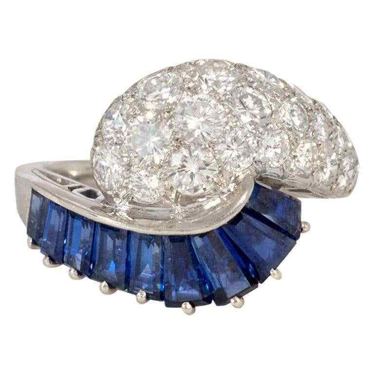 Baguette and Round Shape Diamond Ring, Blue Sapphire Diamond Ring, Wavy ...