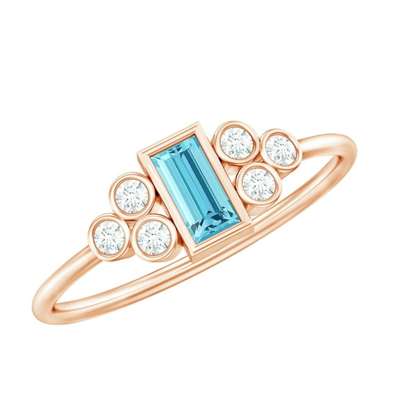 Rosec Jewels Baguette Shape Aquamarine Promise Ring with Diamond for Women - AAA Grade, 14K Rose Gold, US 3.00