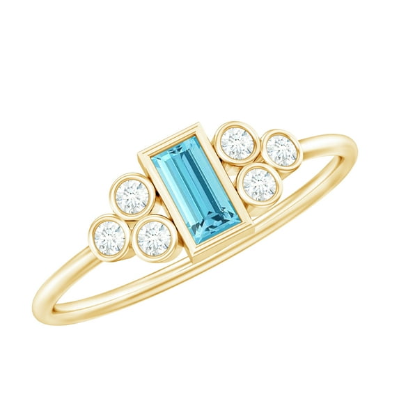 Rosec Jewels Baguette Aquamarine Promise Ring for Women - Bezel Set Aquamarine Diamond Ring - AAA Quality - Ready to Gift, 18K Yellow Gold, US 5.00