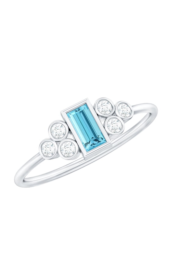 Baguette Aquamarine Promise Ring for Women - Bezel Set Aquamarine Diamond Ring - AAA Quality - Ready to Gift, 925 Sterling Silver, US 4.00