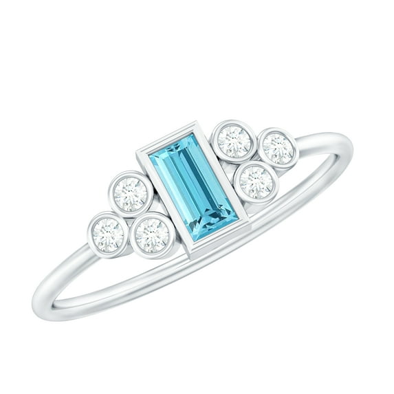 Rosec Jewels Baguette Aquamarine Promise Ring for Women - Bezel Set Aquamarine Diamond Ring - AAA Quality - Ready to Gift, 925 Sterling Silver, US 4.00