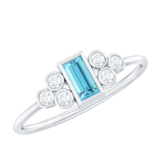 Rosec Jewels Baguette Aquamarine Promise Ring for Women - Bezel Set Aquamarine Diamond Ring - AAA Quality - Ready to Gift, 925 Sterling Silver, US 4.00