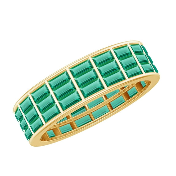 Rosec Jewels Baguette Shape Created Emerald Full Eternity Band for Women - AAAA Quality, 10K Yellow Gold, US 3.50