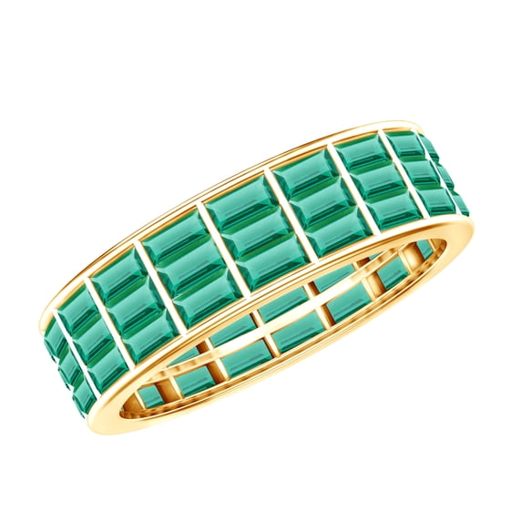 Rosec Jewels Baguette Shape Created Emerald Full Eternity Band for Women - AAAA Quality, 10K Yellow Gold, US 3.50