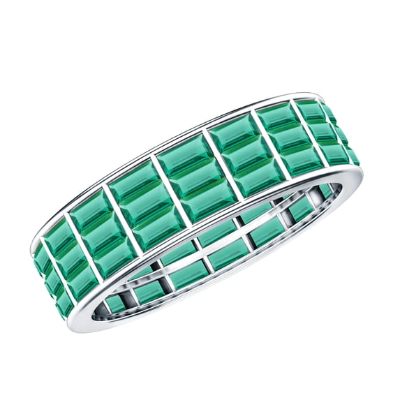 Rosec Jewels Baguette Shape Created Emerald Full Eternity Band for Women - AAAA Quality, 925 Sterling Silver, US 4.00