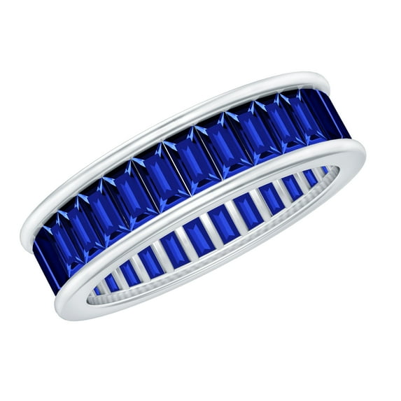 Rosec Jewels Baguette Shape Lab Grown Blue Sapphire Eternity Band Ring - AAAA Quality, 10K White Gold, US 10.50