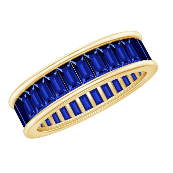 Rosec Jewels Baguette Shape Lab Grown Blue Sapphire Eternity Band Ring - AAAA Quality, 10K Yellow Gold, US 9.50