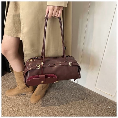 Baguette Shoulder Bag for Women with Contrast Stitching, PU Leather, Medium Size, Adjustable Strap, Multiple Compartments, Streetwear Style for Daily Commute, Date Night, and Weekend Outing in Ankola