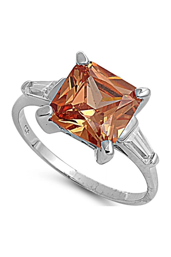 Baguette Sided Princess Cut Champagne Cubic Zirconia Ring Sterling Silver 925