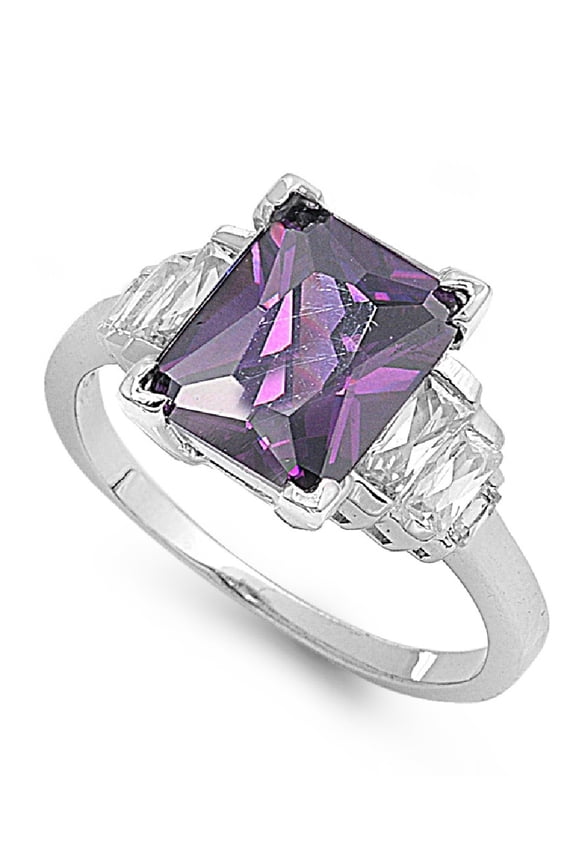 Baguette Sided Rectangular Simulated Amethyst Cubic Zirconia Ring Sterling Silver 925