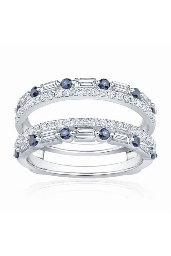Baguette White CZ & Round Blue Sapphire Ring Guard in 925 Sterling Silver – Double Band Enhancer Wedding Jacket for Women – Unique Bridal Chevron Wrap