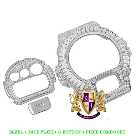 Baguette White Gold Finish G Shock DW-6900 Simulated Diamond Watch Custom Cover Case Face Plate + Bezel + G Button 3 Piece Set