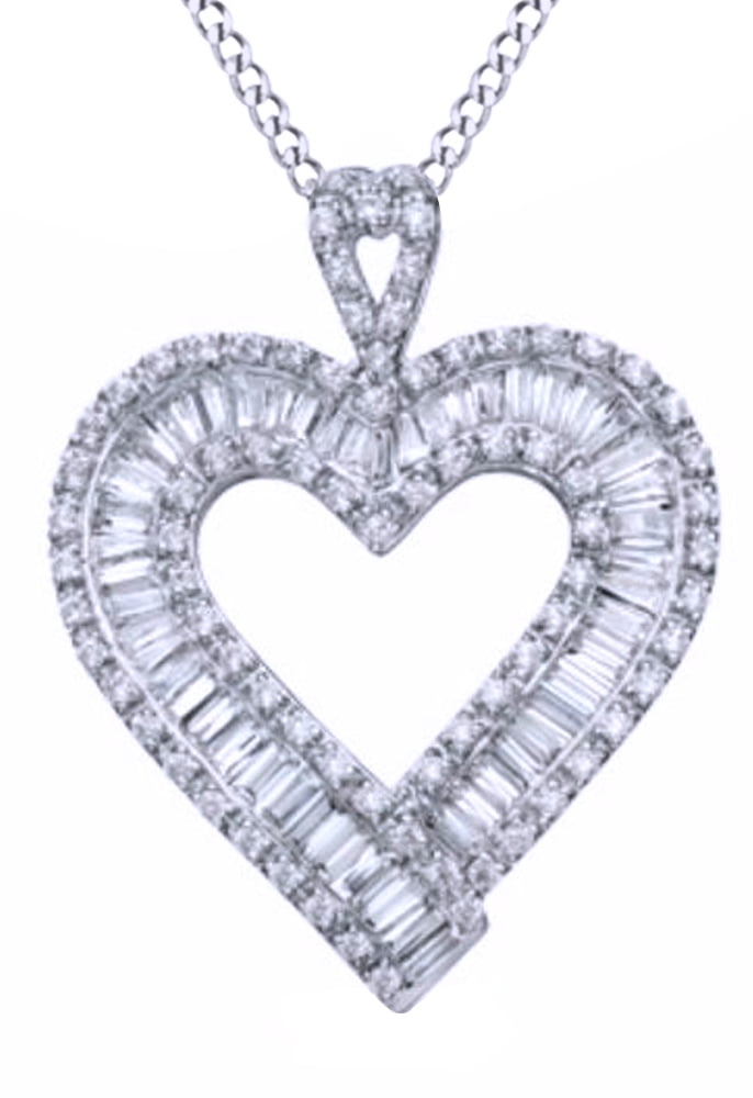 Baguette and Natural Diamond Heart Pendant Necklace in 14k