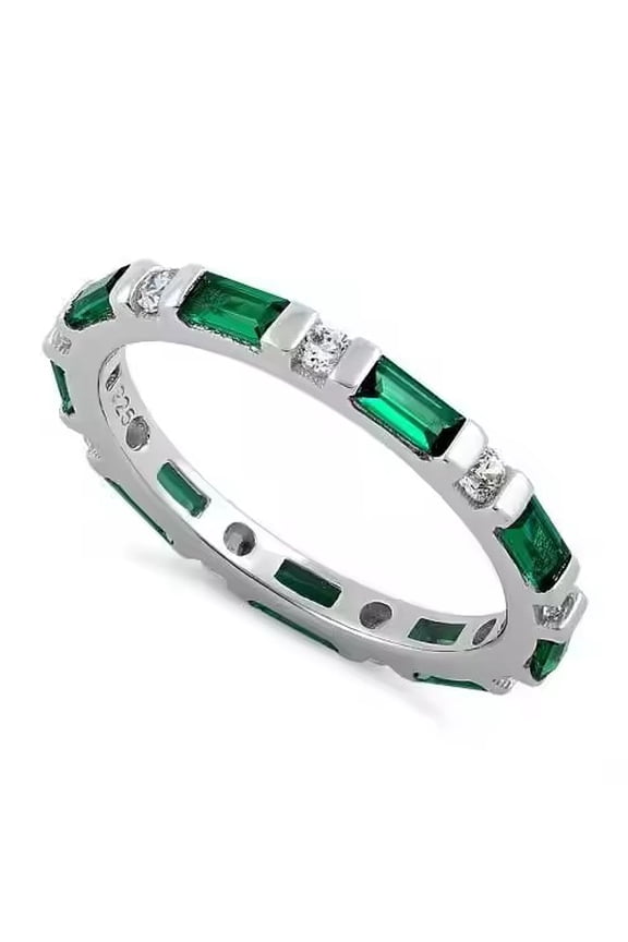 Baguette and Round Cut Lab-Created Emerald & Moissanite Bar-Set Eternity Wedding Band Ring in 925 Sterling Silver – Elegant Jewelry for Her