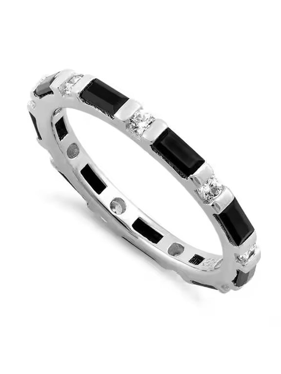 Baguette and Round Cut Natural Black Onyx & Lab-Created Moissanite Bar-Set Eternity Wedding Band Ring in 925 Sterling Silver for Her