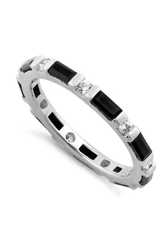 Baguette and Round Cut Natural Black Onyx & Lab-Created Moissanite Bar-Set Eternity Wedding Band Ring in 925 Sterling Silver for Her