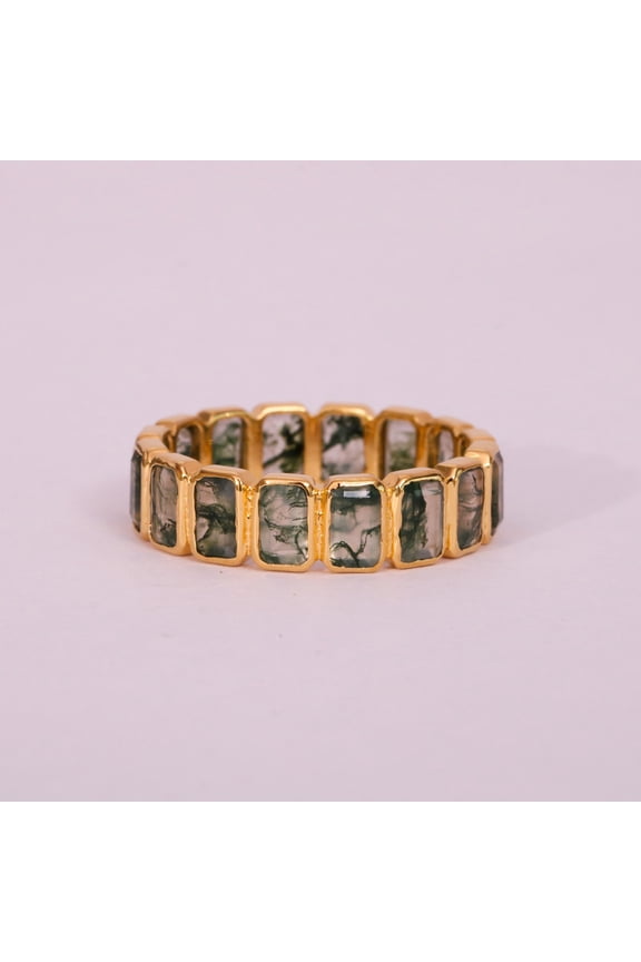 BaguetteMoss Agate Eternity Band, 925 Sterling Silver Yellow Plated Stackble Ring ,Wedding Band Anniversary Gift For Wife