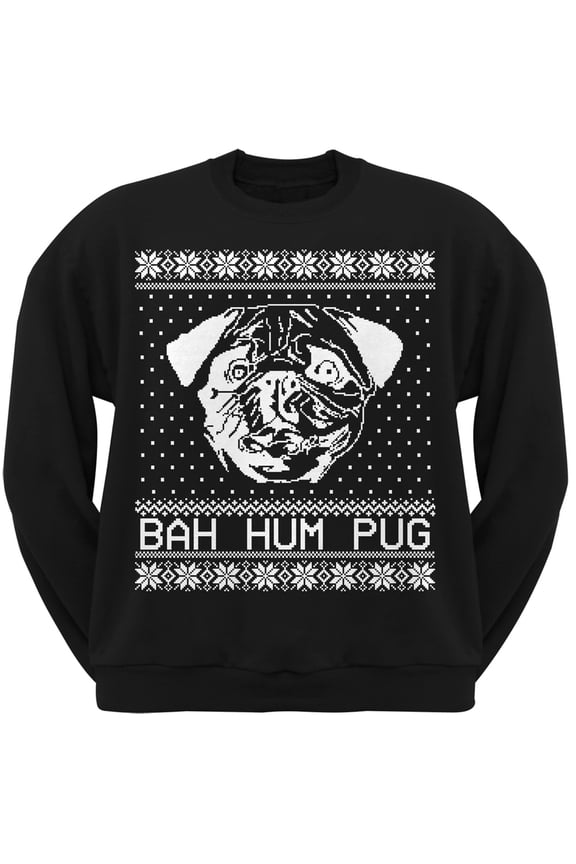 Bah Hum Pug Ugly Christmas Sweater Black Adult Crew Neck Sweatshirt