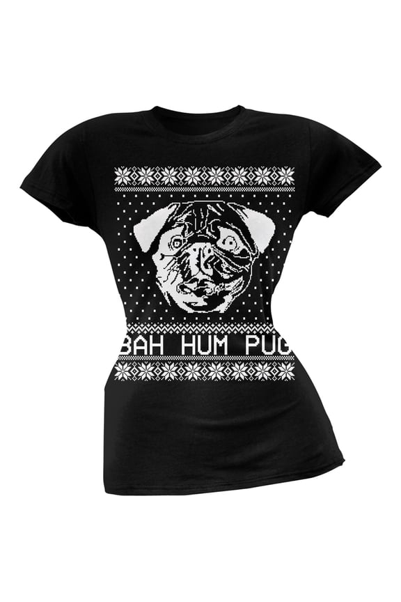 Bah Hum Pug Ugly Christmas Sweater Black Soft Juniors T-Shirt - Medium