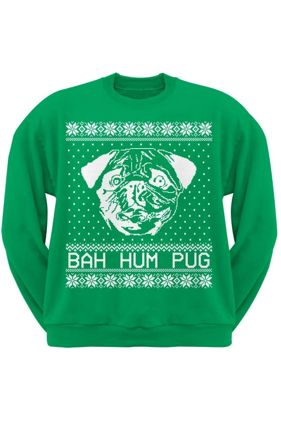 Bah Hum Pug Ugly Christmas Sweater Green Adult Crew Neck Sweatshirt