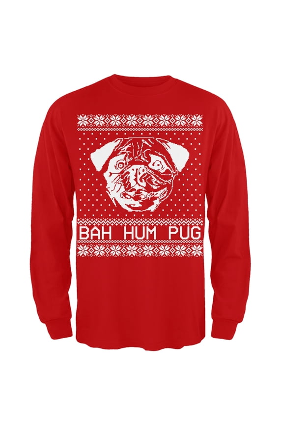 Bah Hum Pug Ugly Christmas Sweater Red Adult Long Sleeve T-Shirt - X-Large