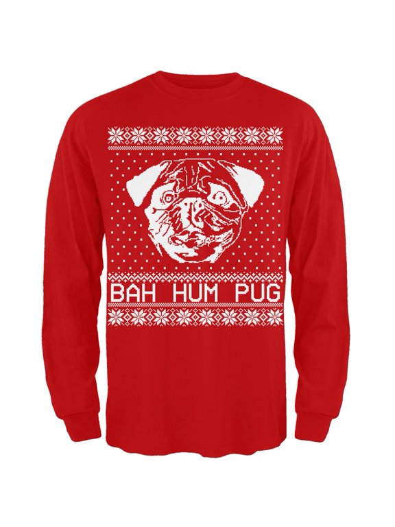 Bah Hum Pug Ugly Christmas Sweater Red Adult Long Sleeve T-Shirt