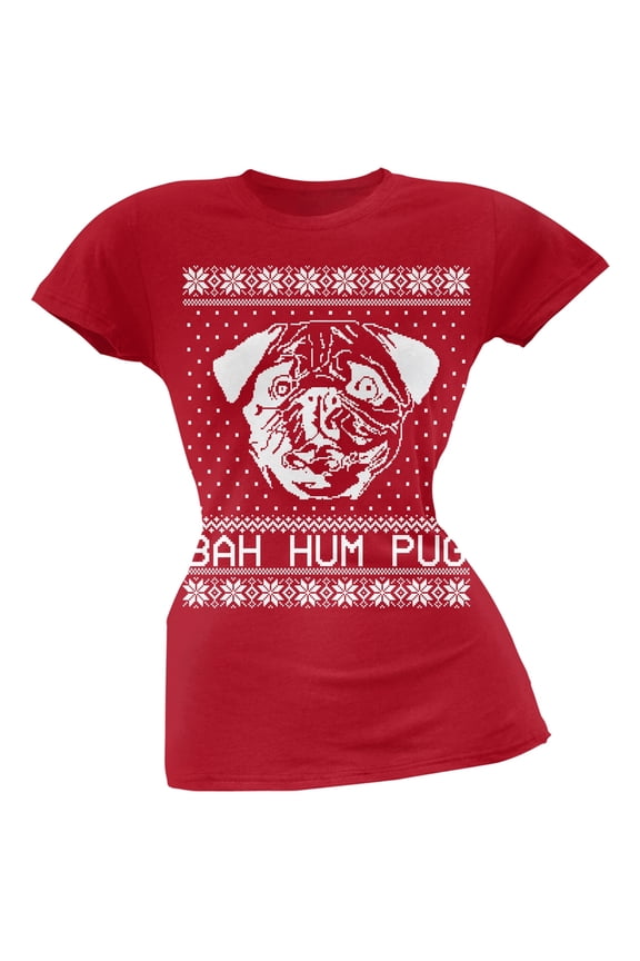 Bah Hum Pug Ugly Christmas Sweater Red Soft Juniors T-Shirt - Large