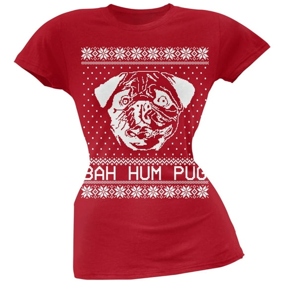 Bah Hum Pug Ugly Christmas Sweater Red Soft Juniors T-Shirt
