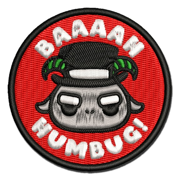 Bah Humbug Funny Christmas Pun Goat Applique Multi-Color Embroidered Iron-On Patch - 3 Inch Medium