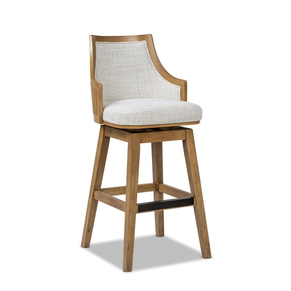 Bahama 30" Cane Rattan High-Back Swivel Counter Stool with Recessed Arms Two-Tone Neutral Gray Polyester Wool Blend