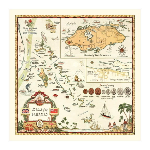 Bahamas Bahamas Art, 1951 Vintage Map of Bahamas Bahamas History Wall Decor Gift, Old Bahamas Map - 30" x 30" Unframed Print