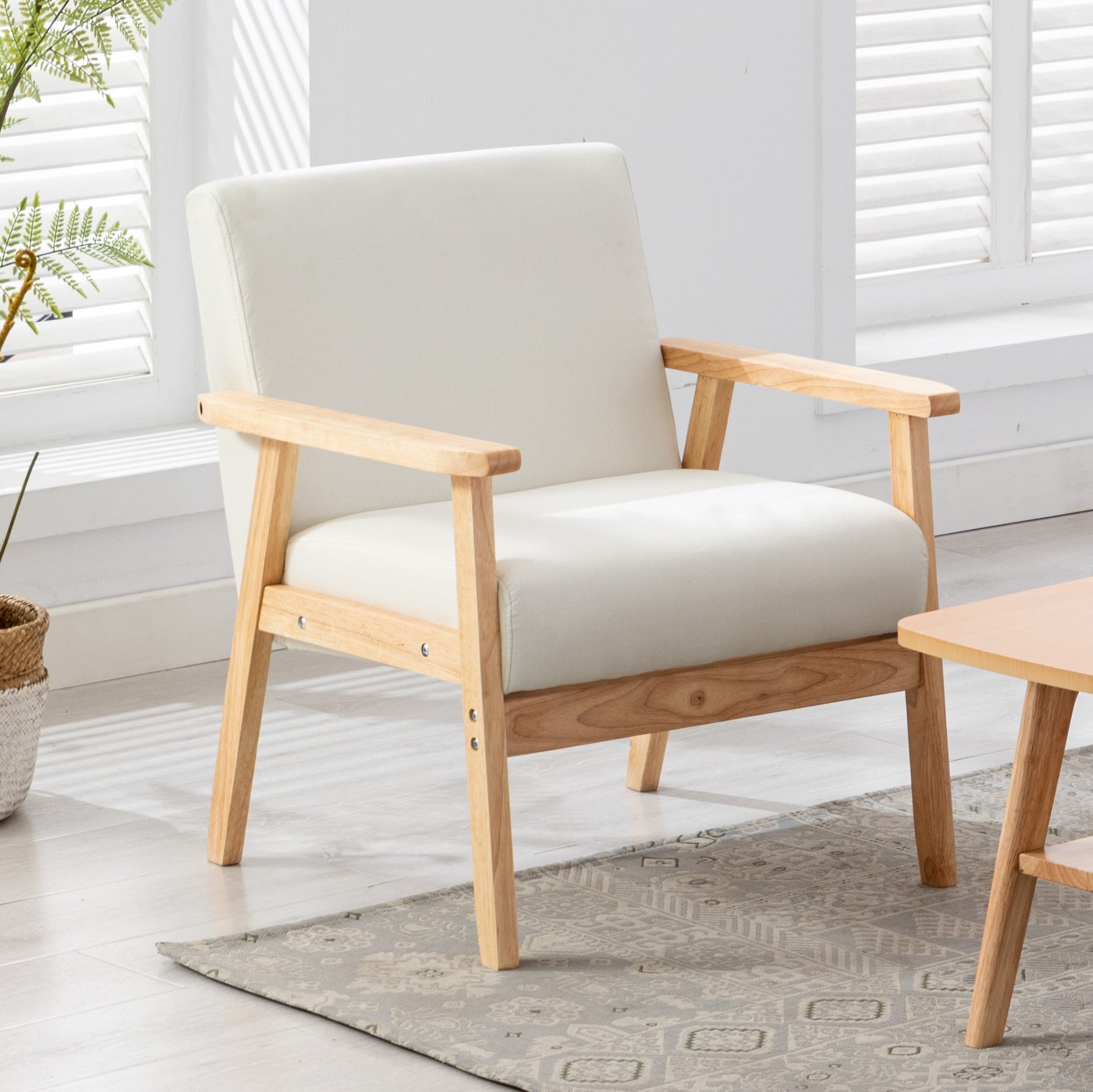 Mid-Century Modern Bahamas Beige Linen & Wood Accent Chair
