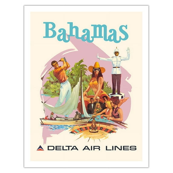 Bahamas Caribbean - Delta Air Lines - Vintage Airline Travel Poster by Fred Sweney c.1960s - Fine Art Matte Paper Print (Unframed) 20x26in