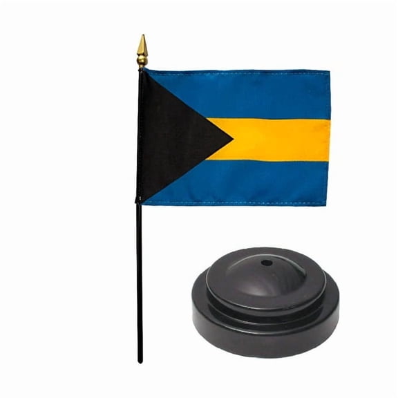 Bahamas Desk Flag with Base; American Made Rayon 4x6 inch Miniature Table Set Includes One Small Mini Country Stick Flags and One Black Stand (Bahamas Desk Flag and Base)