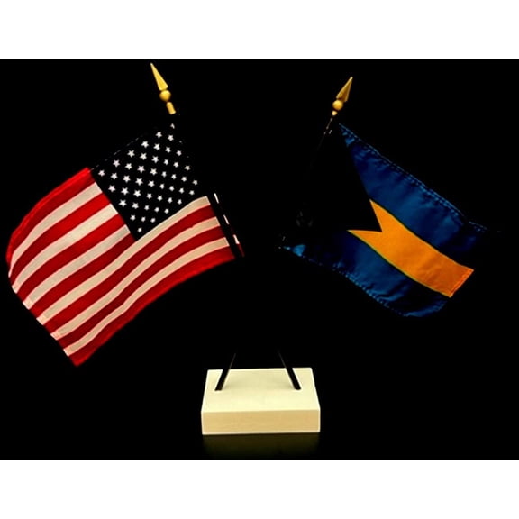 Bahamas Desk Flag Set; Contains One USA and One Country Flag with a White Crossed Base, American Made
