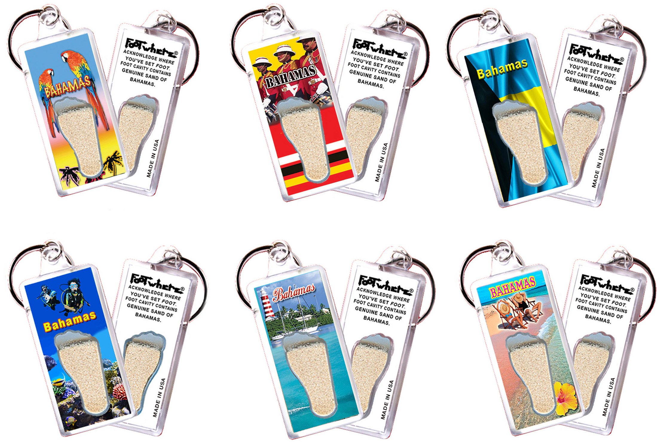 Bahamas FootWhere Souvenir Keychains. (BH100 - Assorted) 6 Piece Set.