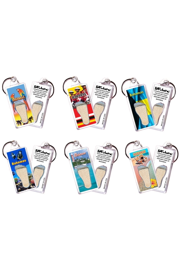 Bahamas FootWhere Souvenir Keychains. (BH100 - Assorted) 6 Piece Set.