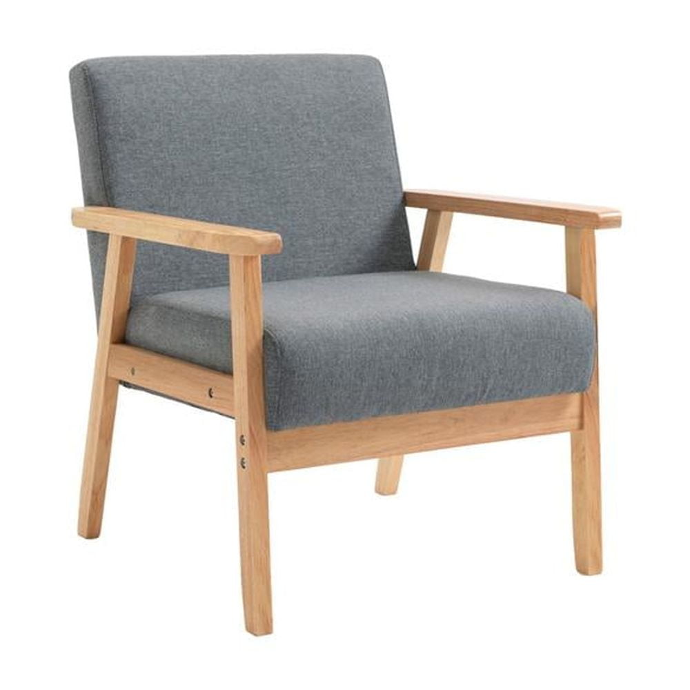 Elegant Mid-Century Modern Gray Linen and Wood Accent Chair